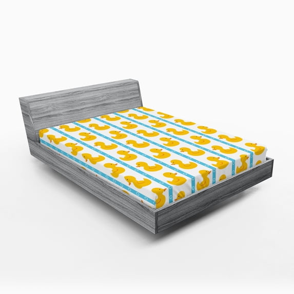 Ambesonne Rubber Duck Fitted Sheet, Blue Stripes, Full Size, White