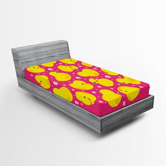 Ambesonne Rubber Duck Fitted Sheet, Bubbles Hot Pink, Twin Size, Yellow Pink