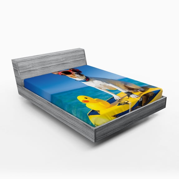 Ambesonne Rubber Duck Fitted Sheet, Dog Duck Surfing, Queen Size, Multicolor