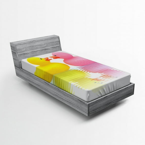 Ambesonne Rubber Duck Fitted Sheet, Duck Couple in Love, Twin Size, Yellow Pink White