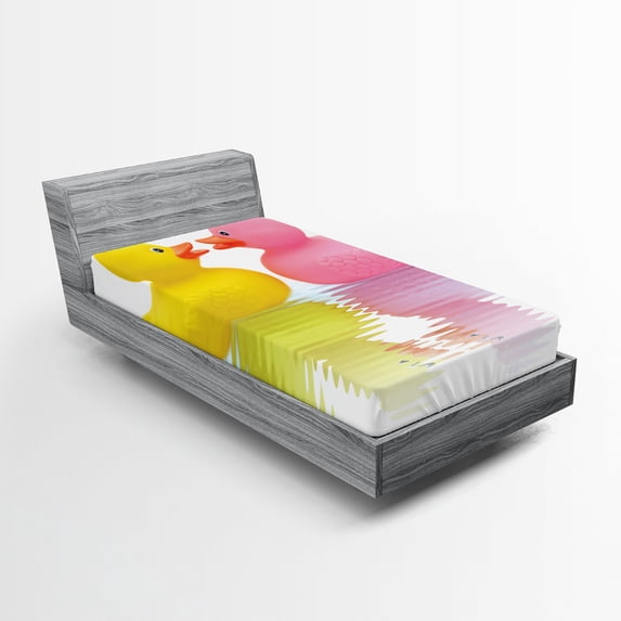 Ambesonne Rubber Duck Fitted Sheet, Duck Couple in Love, Twin XL Size, Yellow Pink White