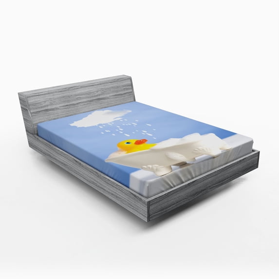 Ambesonne Rubber Duck Fitted Sheet, Duck Taking Bath, Queen Size, Yellow White Blue