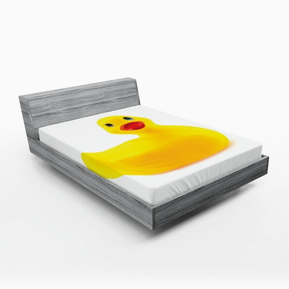 Ambesonne Rubber Duck Fitted Sheet, Yellow Ducky, Full Size, White and Yellow