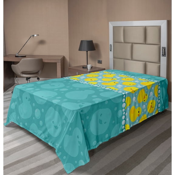Ambesonne Duck Pattern Flat Sheet, Fun Aqua Bubbles Print, Twin Size, Teal Blue