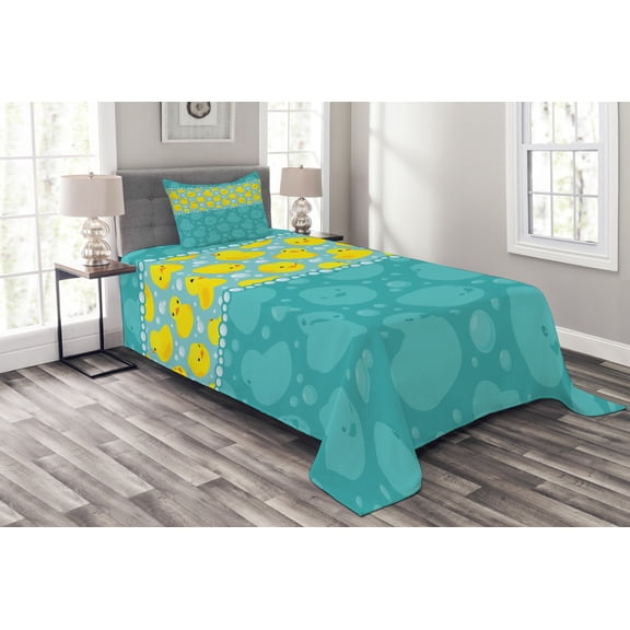 Ambesonne Rubber Duck Quilted Bedspread Set 2 Pcs, Fun Aqua Bubbles, Twin Size, Teal Blue