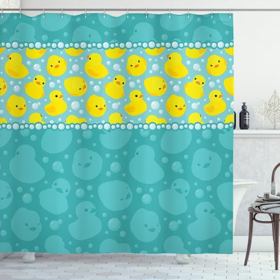 Ambesonne Rubber Duck Shower Curtain, Fun Aqua Bubbles, 69"Wx70"L, Teal Blue