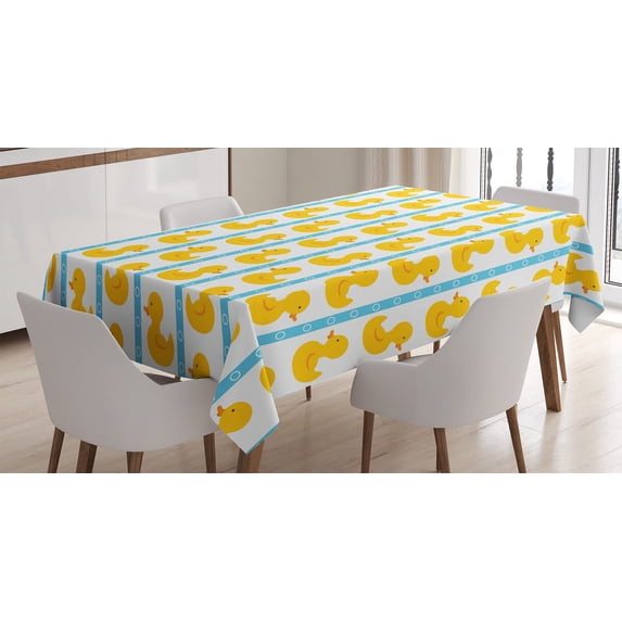 Ambesonne Rubber Duck Tablecloth Rectangular Table Cover, Blue Stripes, 52"x70", White