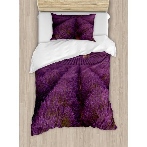 Ambesonne Rural Duvet Cover Set, Lavender Flowers Field France, Twin, Purple