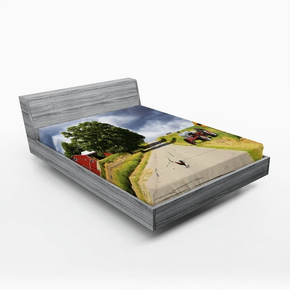 Ambesonne Rural Fitted Sheet 2 Pcs Set, Barn and Tractor on Side, Full, Multicolor