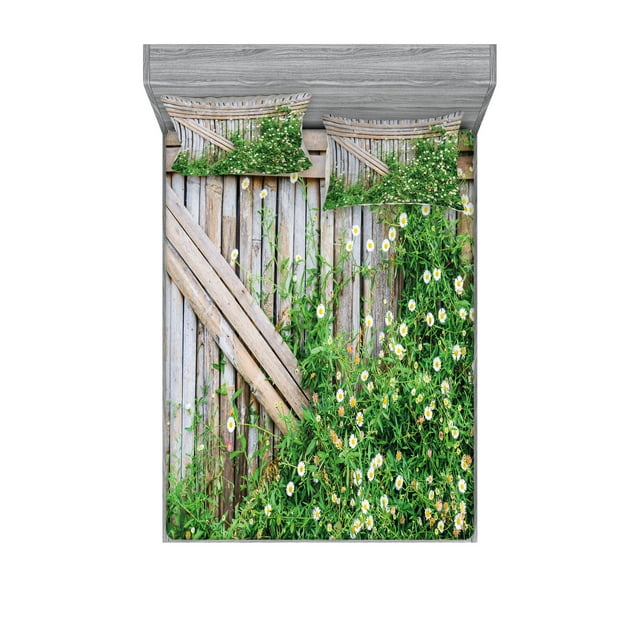 Ambesonne Rural Fitted Sheet & Pillow Sham Set, Summer Themed Backyard Image, Full, Pale Brown and Green