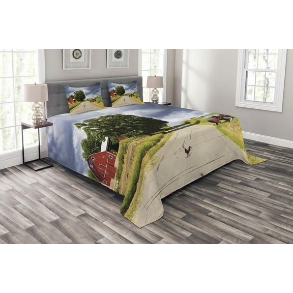 Ambesonne Rural Quilted Bedspread Set 3 Pcs, Barn and Tractor on Side, Queen Size, Multicolor