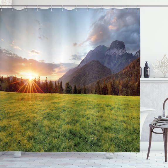 Ambesonne Rural Shower Curtain, Sunrise On Mountains Image, 69"Wx84"L, Multicolor