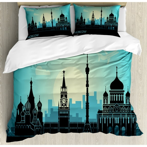 Ambesonne Russian Duvet Cover Set, Moscow City Line Skyline, Calking, Charcoal Grey Seafoam