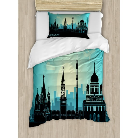 Ambesonne Russian Duvet Cover Set, Moscow City Line Skyline, Twin, Charcoal Grey Seafoam