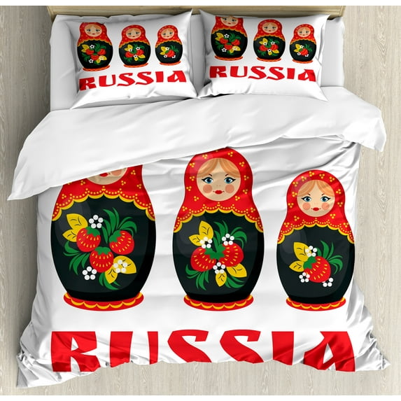 Ambesonne Russian Duvet Cover Sets, Nesting Matryoshka Dolls, 2-Queen, Vermilion White Green