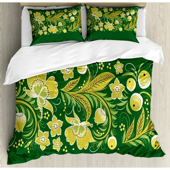 Ambesonne Russian Duvet Cover Sets, Vintage Slavic Khokhloma, 2-Queen, Yellow Emerald