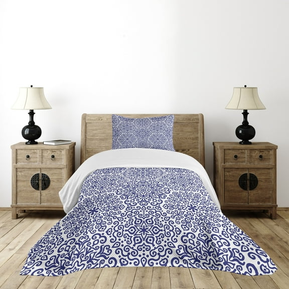 Ambesonne Russian Quilted Bedspread Set 2 Pcs, Blooms Hearts, Twin Size, Indigo and White