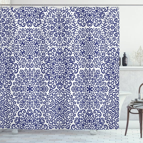 Ambesonne Russian Shower Curtain, Blooms Hearts, 69"Wx84"L, Indigo and White