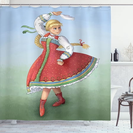 Ambesonne Russian Shower Curtain, Slavic Girl Dancing Drawing, 69"Wx75"L, Multicolor