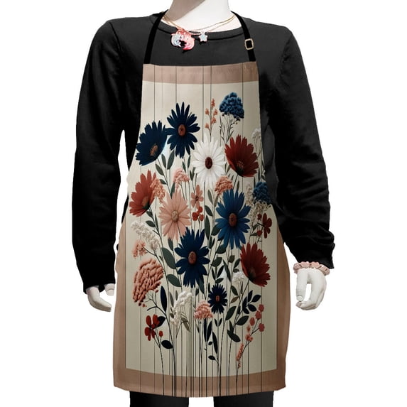 Ambesonne Rustic Apron with Adjustable Ties, Modern Botanical Wild Floral, Small, Warm Taupe Dark Blue Ruby