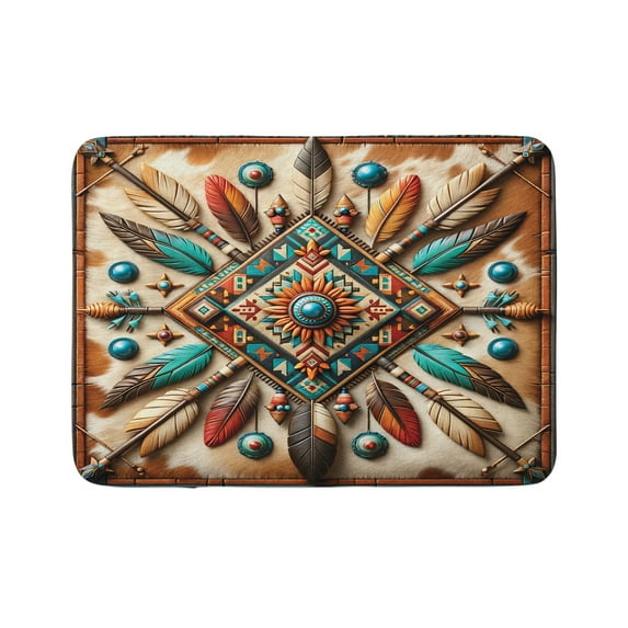 Ambesonne Rustic Bath Mat, Southwestern Square Feathers, 30.2" x 20", Turquoise Cocoa and Redbrown