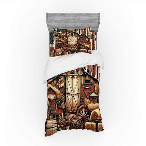 Ambesonne Rustic Bedding Set 3 Pcs, American Barn Western Farm, Twin, Paprika Caramel and Dark Teal