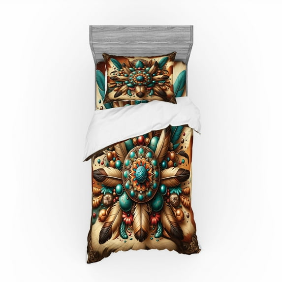 Ambesonne Rustic Bedding Set 3 Pcs, Boho Earthy Feathers Mandala, TwinXL, Teal Cinnamon Brown