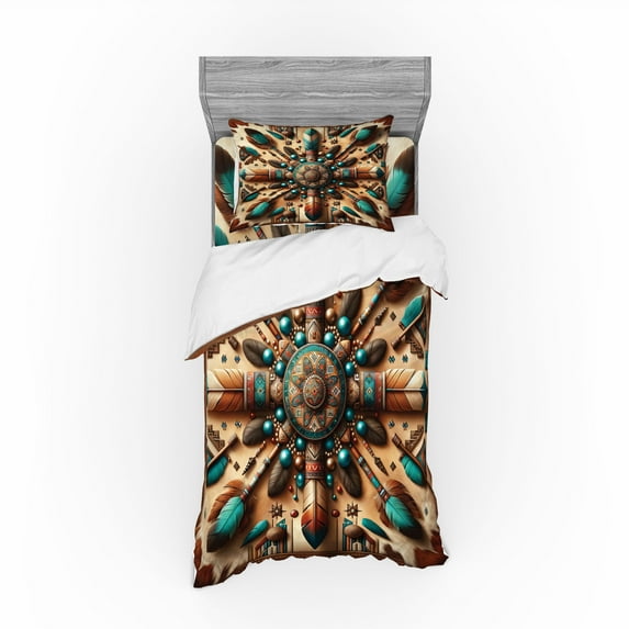 Ambesonne Rustic Bedding Set 3 Pcs, Ethnic Southwestern Feathers, Twin, Redwood and Dark Turquoise