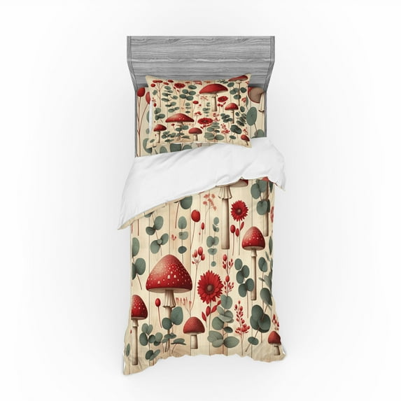 Ambesonne Rustic Bedding Set 3 Pcs, Floral Woodland Mushrooms, Twin, Champagne Dark Coral
