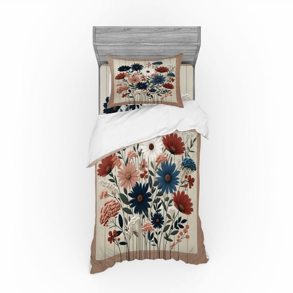 Ambesonne Rustic Bedding Set 3 Pcs, Modern Botanical Wild Floral, TwinXL, Warm Taupe Dark Blue Ruby