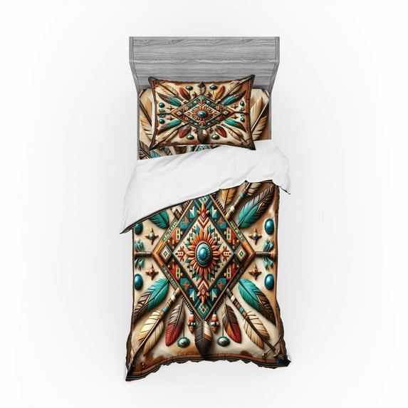 Ambesonne Rustic Bedding Set 3 Pcs, Southwestern Square Feathers, Twin, Turquoise Cocoa and Redbrown