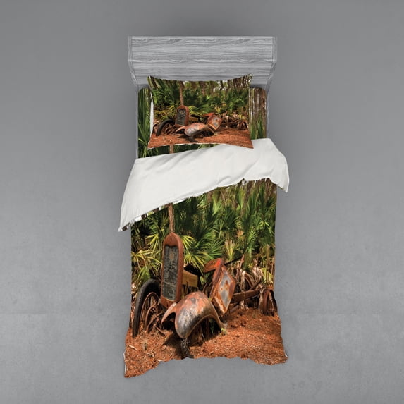 Ambesonne Rustic Bedding Set 3 Pcs, Tropical Forest Palms, Twin, Brown Green