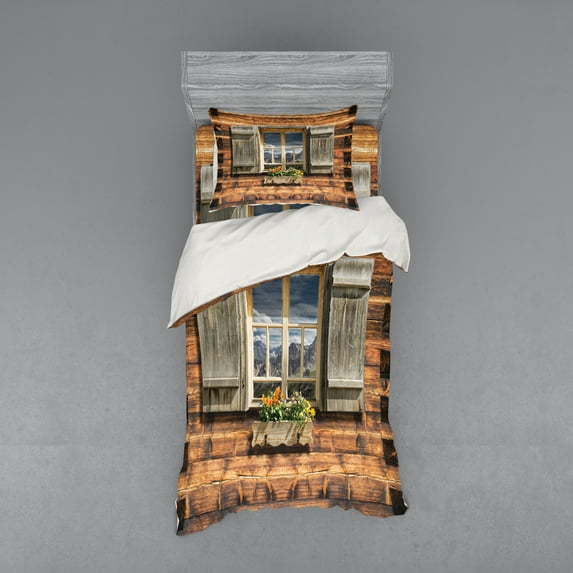 Ambesonne Rustic Bedding Set 3 Pcs, View from Mountain Hut, Twin, Brown Green