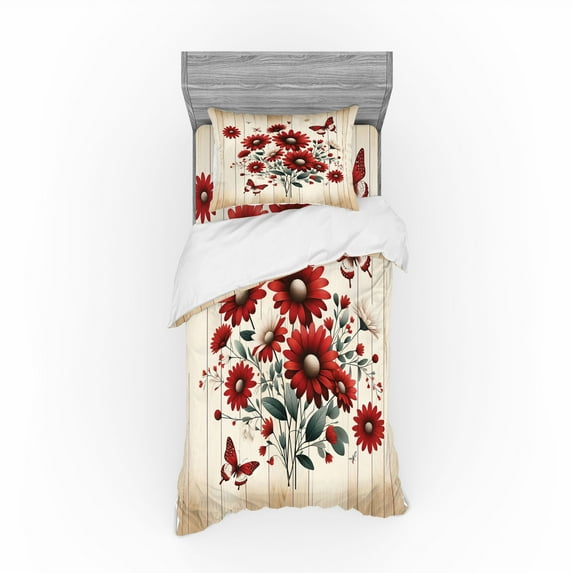 Ambesonne Rustic Bedding Set 3 Pcs, Warm Tone Botanical Design, TwinXL, Red Blue Grey and Eggshell