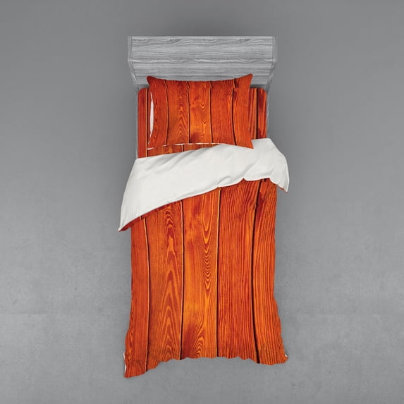 Ambesonne Rustic Bedding Set 3 Pcs, Wood Timber Floor Orange, Twin, Orange Marigold