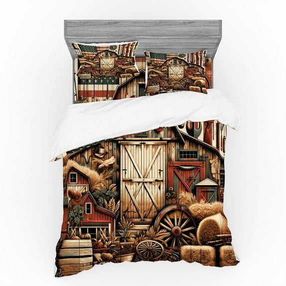 Ambesonne Rustic Bedding Set 4 Pcs, American Barn Western Farm, King, Paprika Caramel and Dark Teal