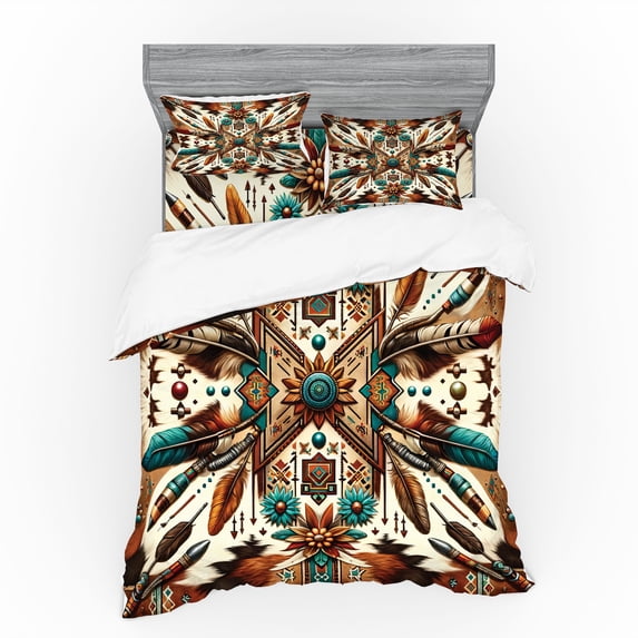 Ambesonne Rustic Bedding Set 4 Pcs, Aztec Inspired Feathers Art, Queen, Cinnamon Redbrown and Teal
