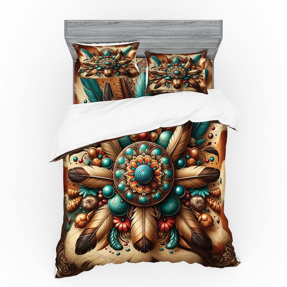 Ambesonne Rustic Bedding Set 4 Pcs, Boho Earthy Feathers Mandala, Queen, Teal Cinnamon Brown