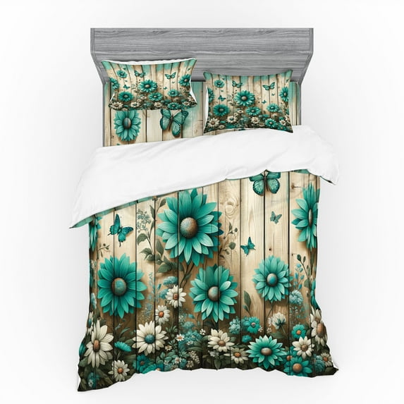 Ambesonne Rustic Bedding Set 4 Pcs, Farmhouse Cold Tone Daisies, King, Turquoise and Grey Yellow
