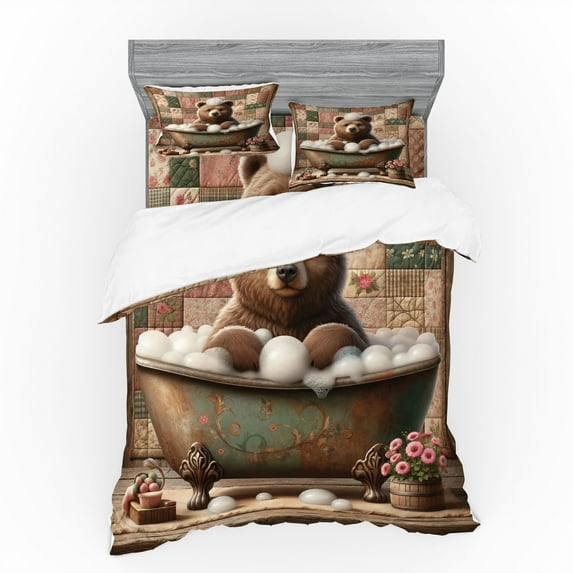 Ambesonne Rustic Bedding Set 4 Pcs, Farmhouse Grizzly Bear Bath, Calking, Chocolate Rose Green