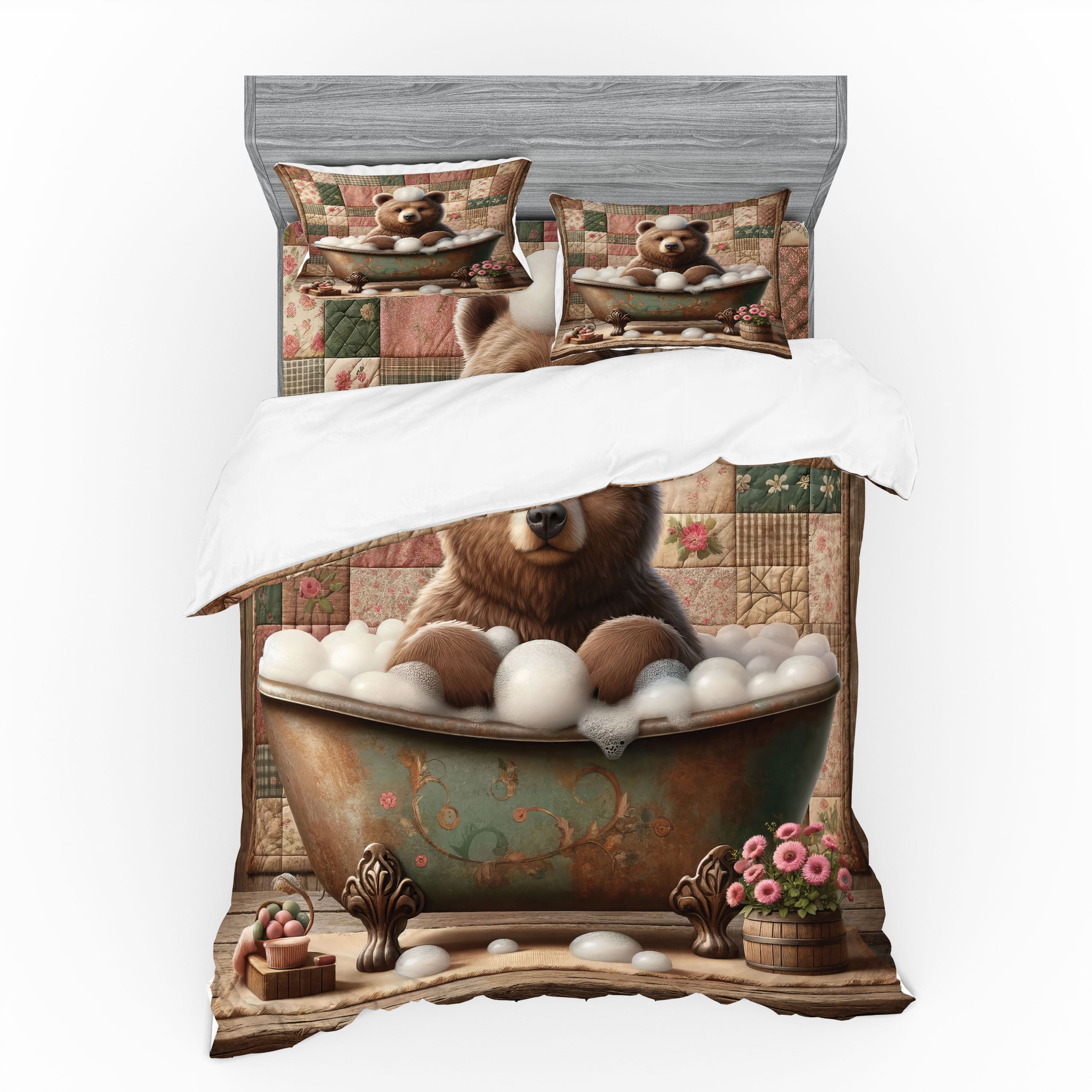 Queen Chocolate Rose Green Rustic Bear Duvet Cover Set