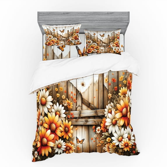 Ambesonne Rustic Bedding Set 4 Pcs, Farmhouse Summer Chamomiles, Queen, Orange Sepia and Off White