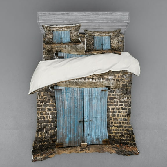Ambesonne Rustic Bedding Set 4 Pcs, Medieval Stone Wall, Queen, Blue Grey