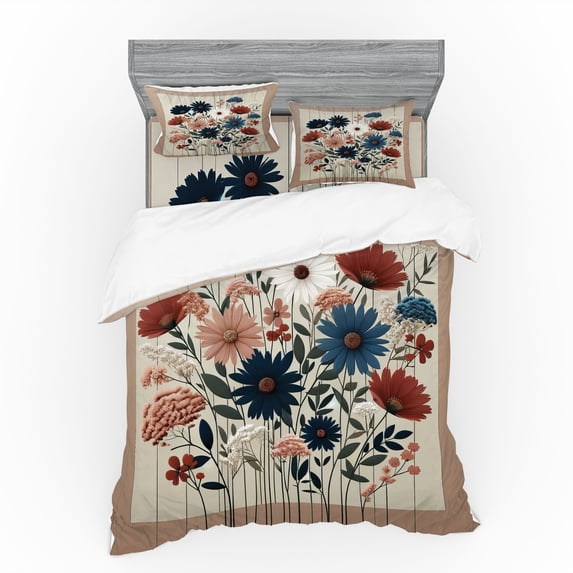 Ambesonne Rustic Bedding Set 4 Pcs, Modern Botanical Wild Floral, Calking, Warm Taupe Dark Blue Ruby