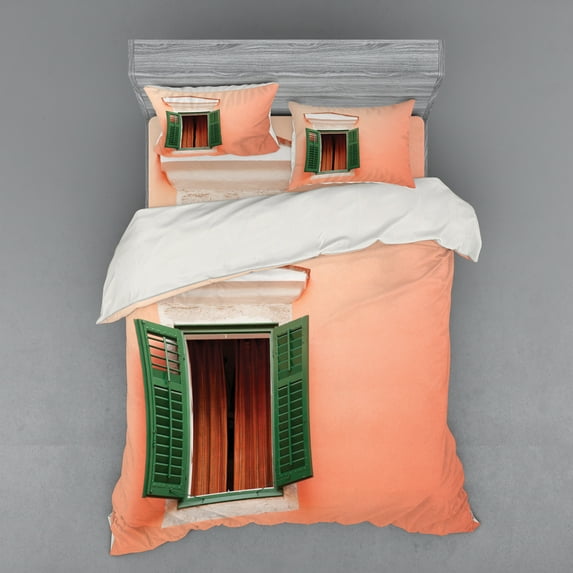 Ambesonne Rustic Bedding Set 4 Pcs, Old Retro House Shutters, Queen, Orange Green White
