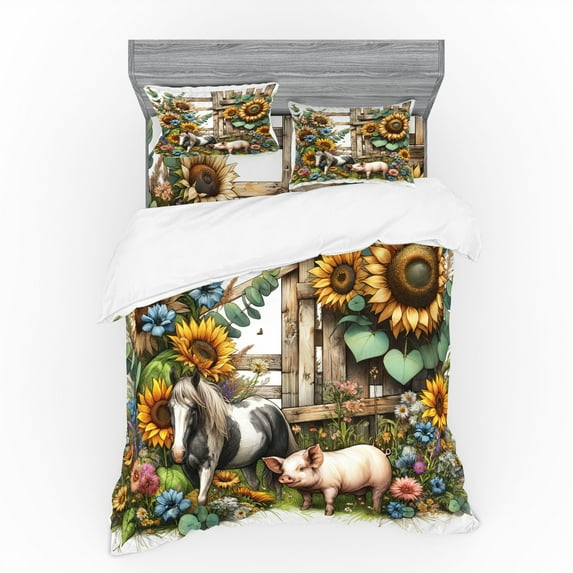Ambesonne Rustic Bedding Set 4 Pcs, Vintage Farm Pig and Horse, Calking, Mustard Green Taupe