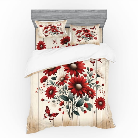 Ambesonne Rustic Bedding Set 4 Pcs, Warm Tone Botanical Design, Calking, Red Blue Grey and Eggshell