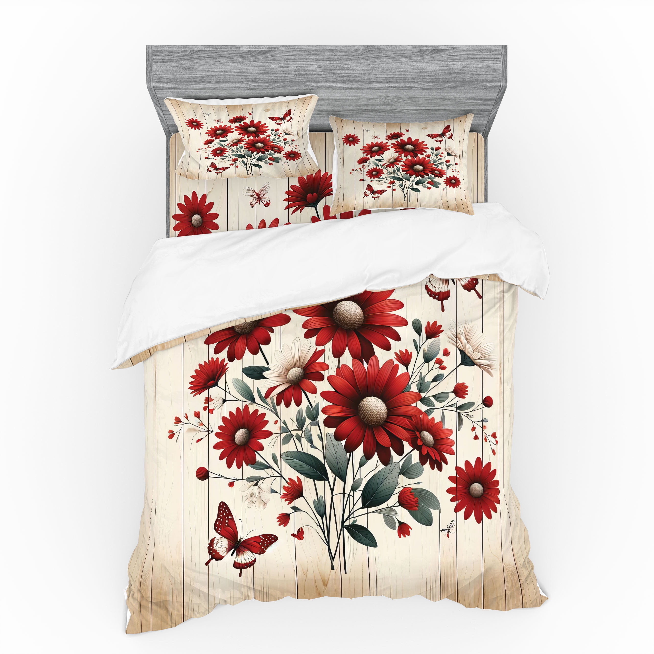 Queen Red Blue Grey Botanical Polyester Duvet Cover Set