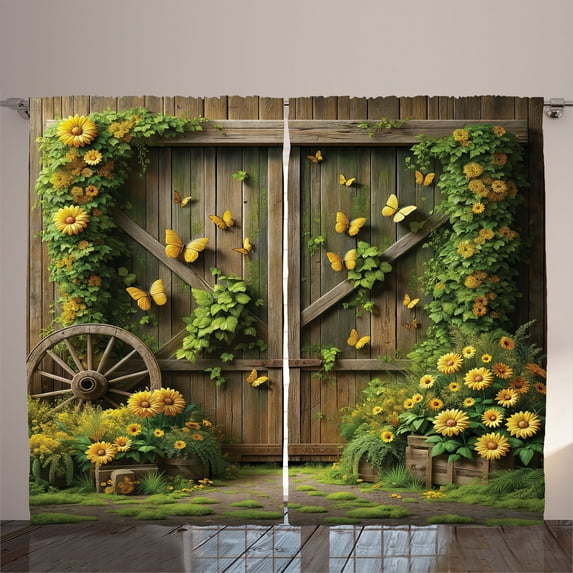 Ambesonne Rustic Curtains 2 Panel Set, Barn Door and Summer Blooms, 108" x 108", Fern Green Sepia and Yellow