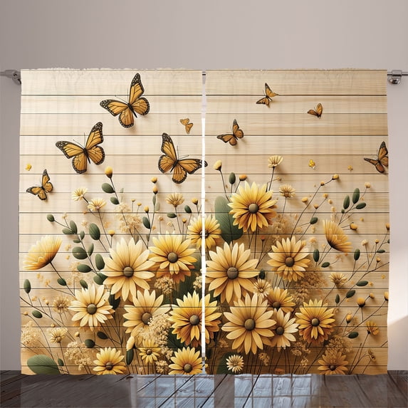 Ambesonne Rustic Curtains 2 Panel Set, Meadow Bloom Butterflies, 108" x 90", Pale Orange Tan Green